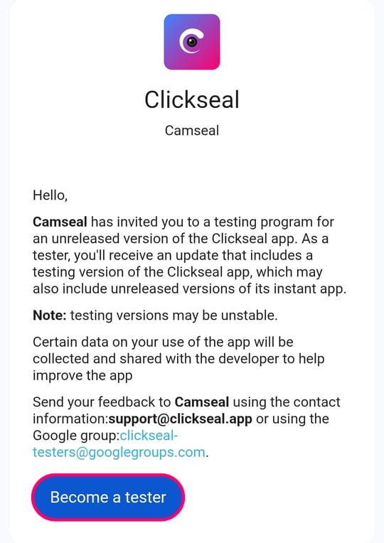 Google Play test page with the Become a tester button